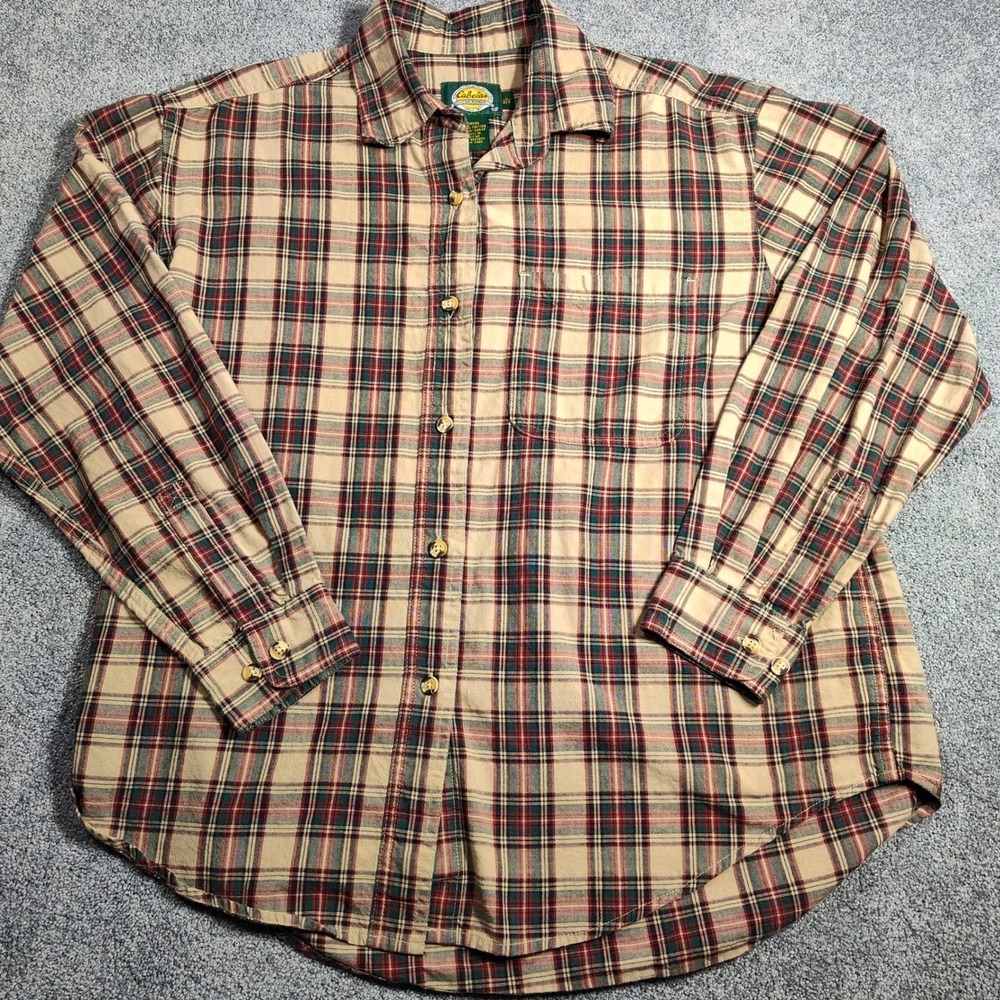 Cabela's Women's Plaid Flannel Shirt Sz L Beige Red Green Button Up Long Sleeve